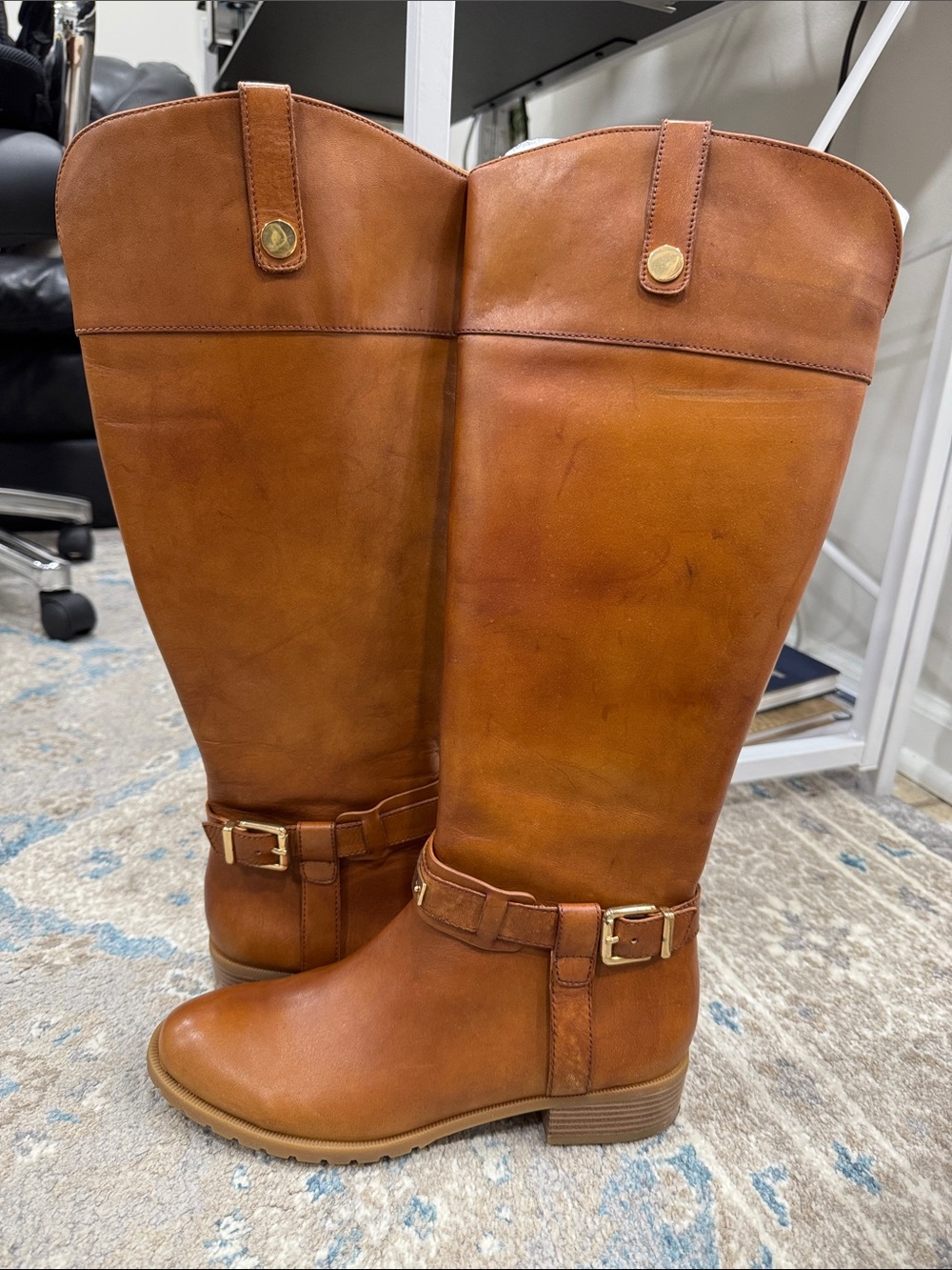 Macys Brand Tall Brown AND black Leather Riding Boots, Gold Buckle NEVER WORN